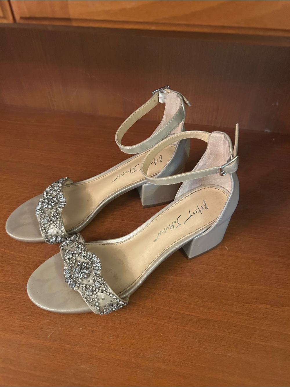 Betsey Johnson Silver Crystal-Ankle Strap Block Heels